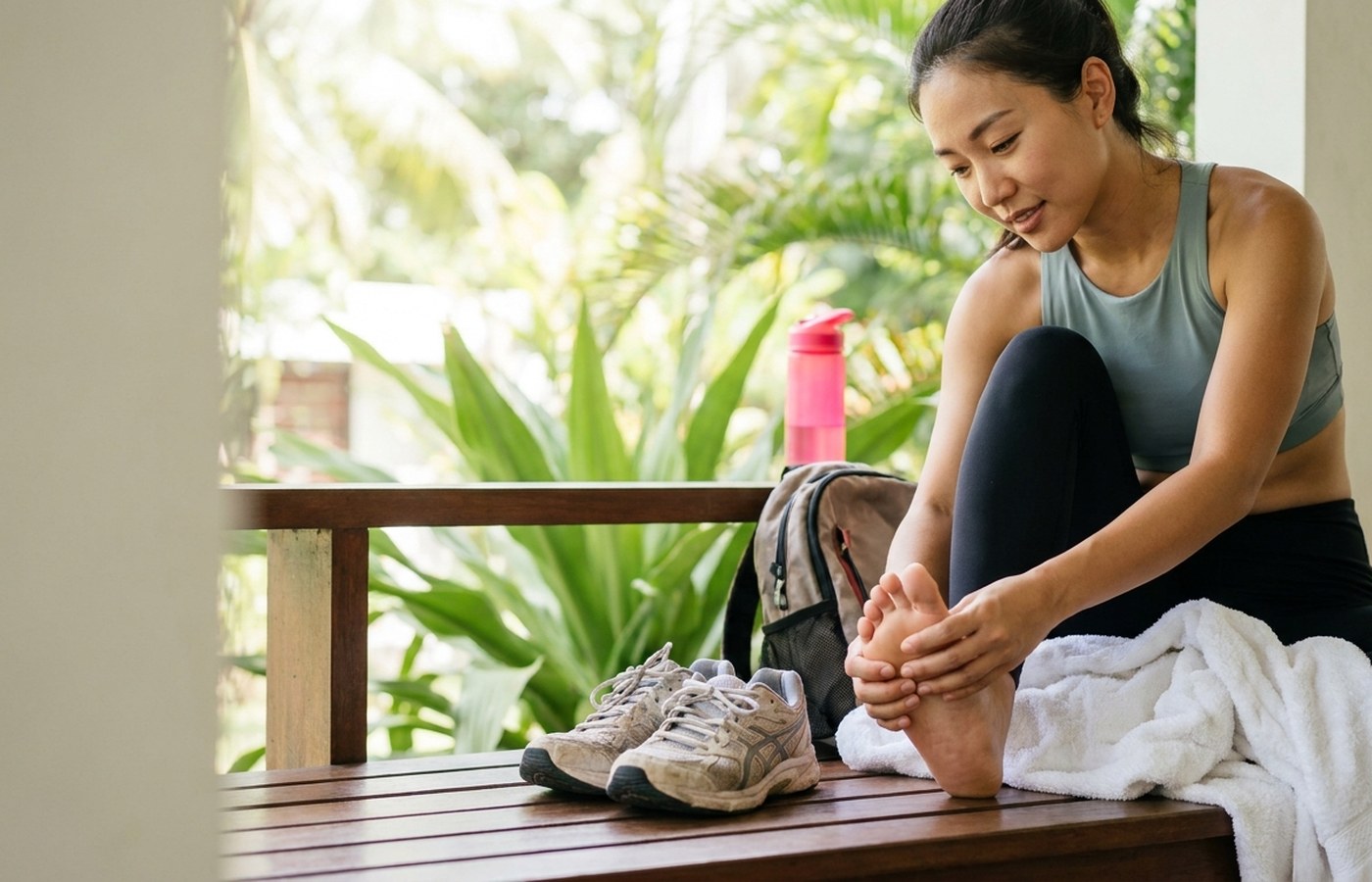 Runner caring for her feet after a walk
