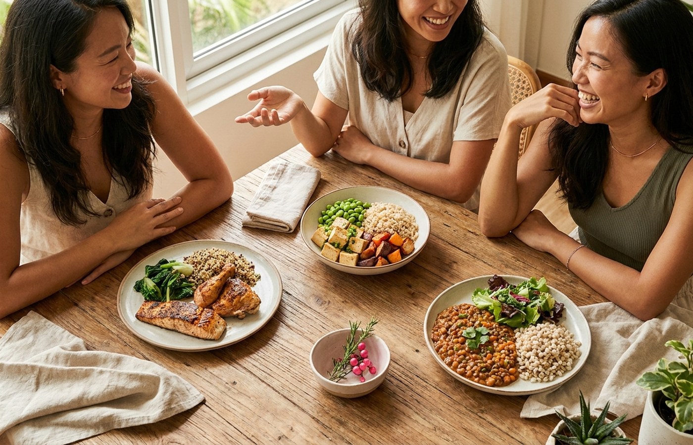 Balanced meal with protein foods, grains and vegetables