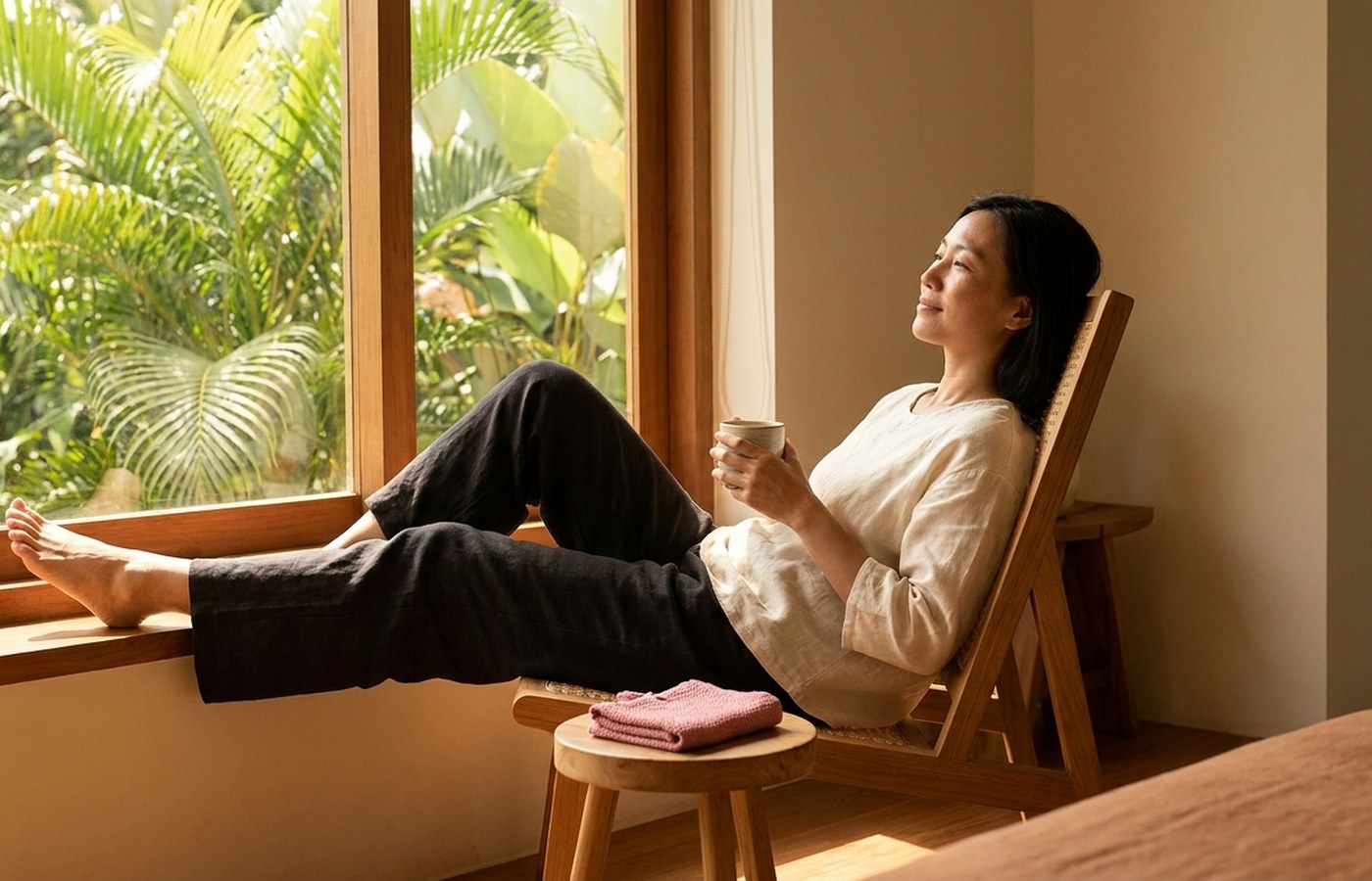 Woman resting beside a sunny window after meditation