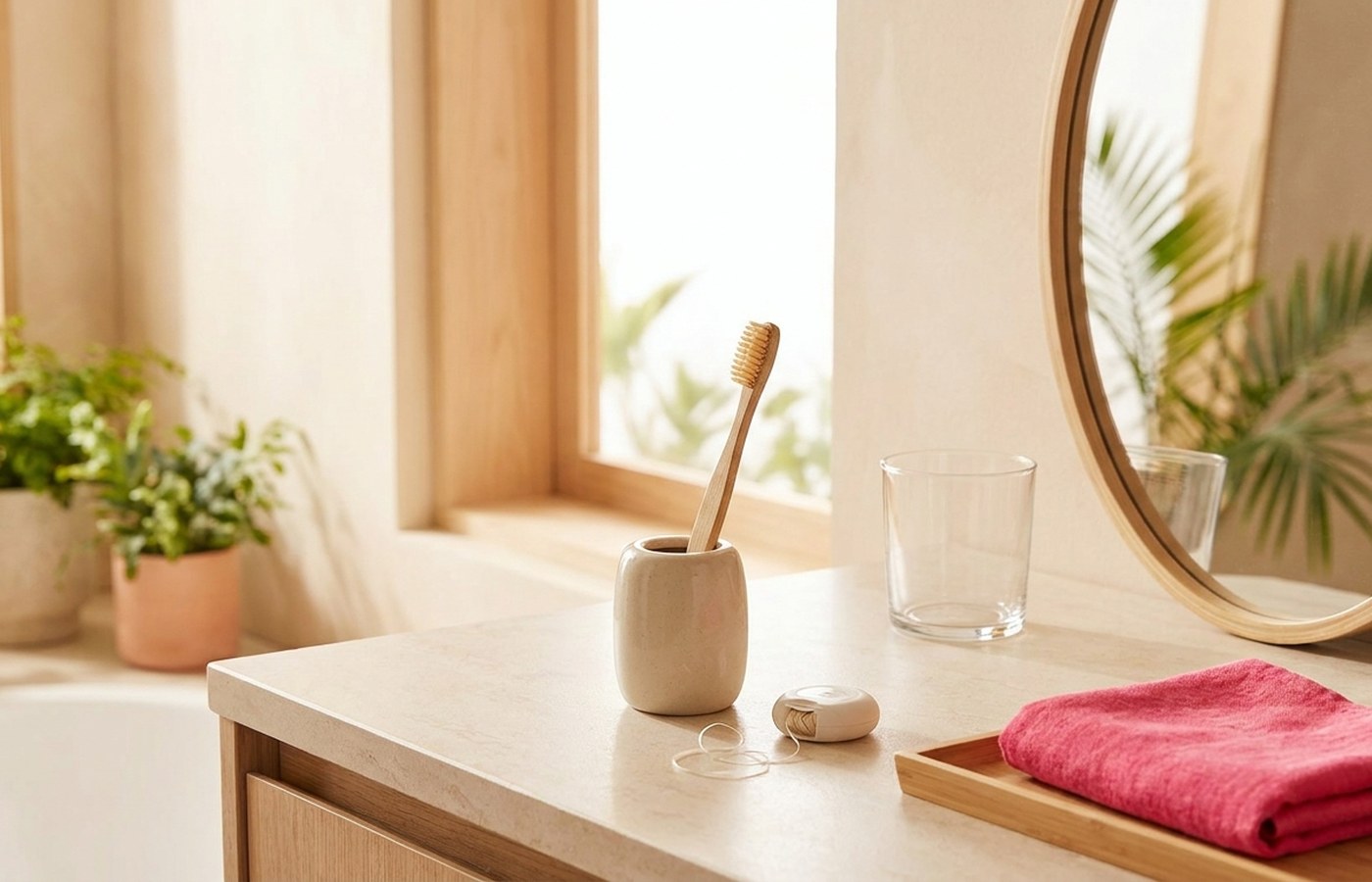 Toothbrush, floss and cup on a clean bathroom counter
