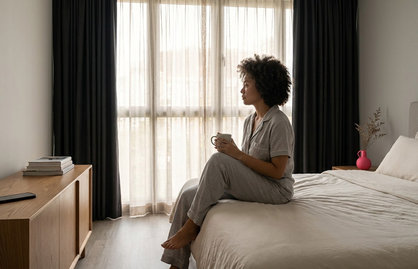 Cool quiet bedroom prepared for restful sleep