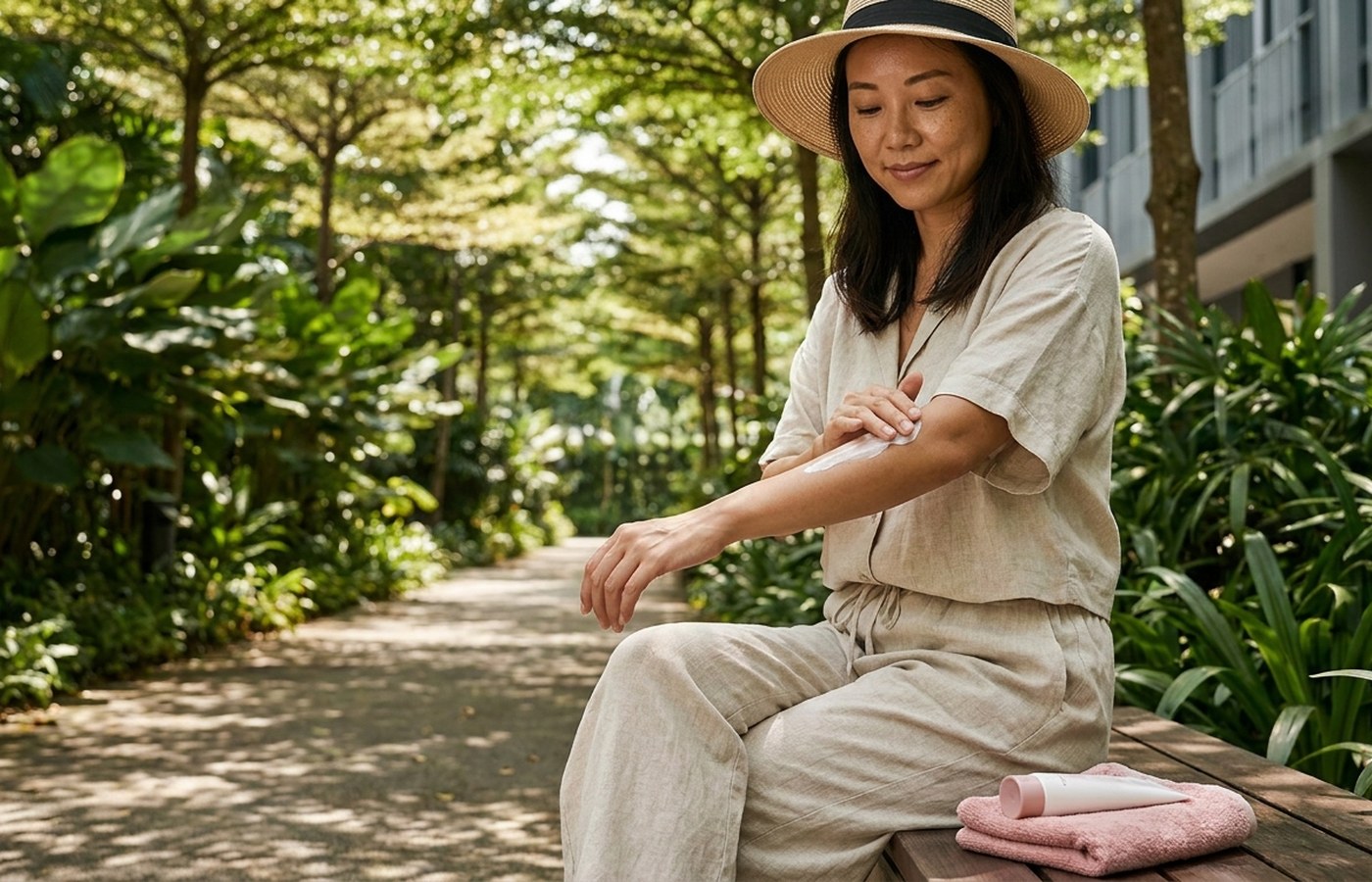 Woman applying sunscreen before an outdoor Singapore walk