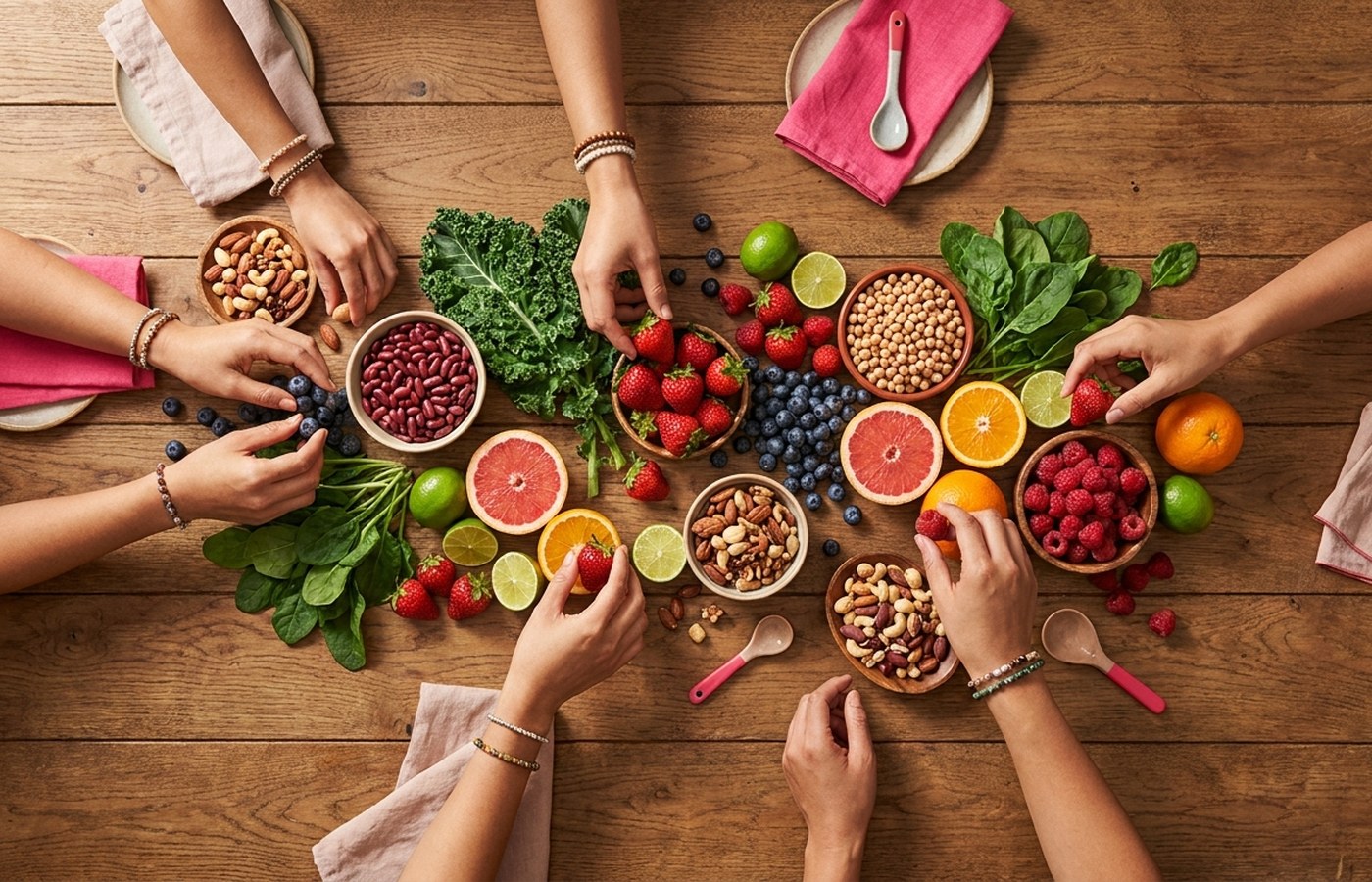 Colourful spread of berries, vegetables, citrus, beans and nuts