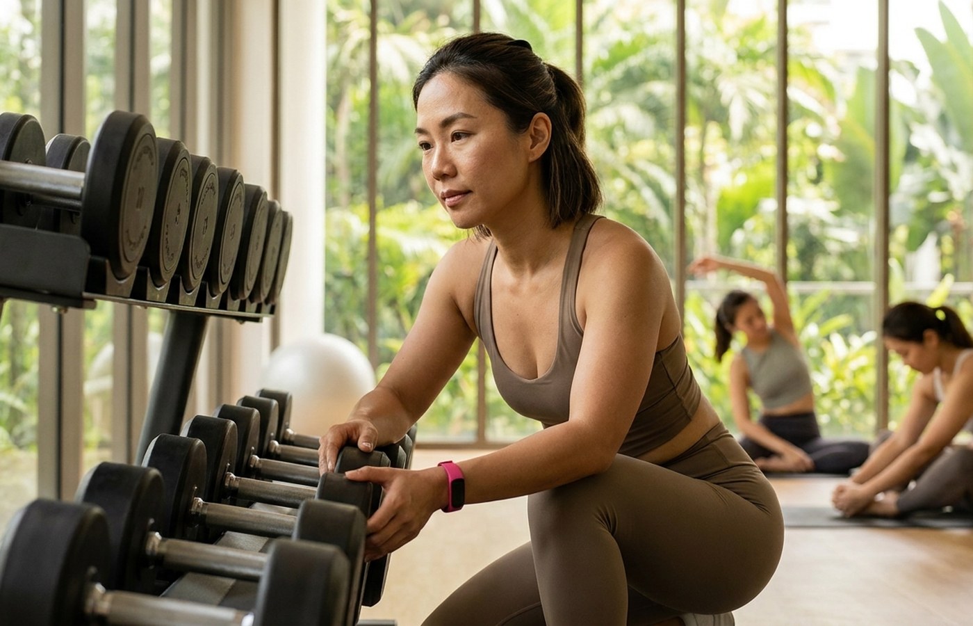 Woman adjusting weights before a gym training session