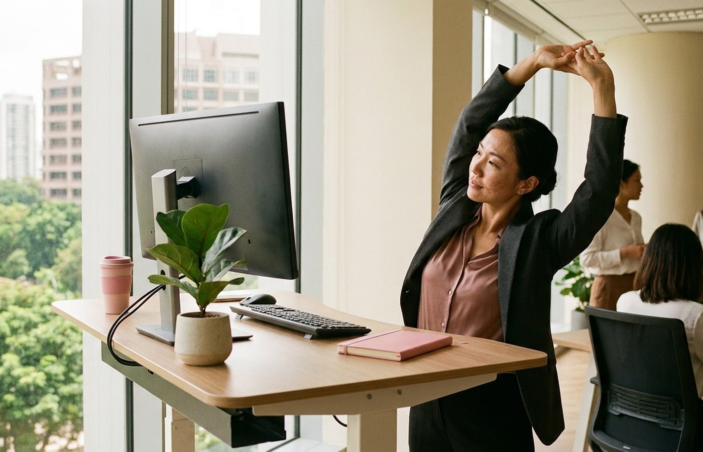 Professional taking a movement break beside an office desk