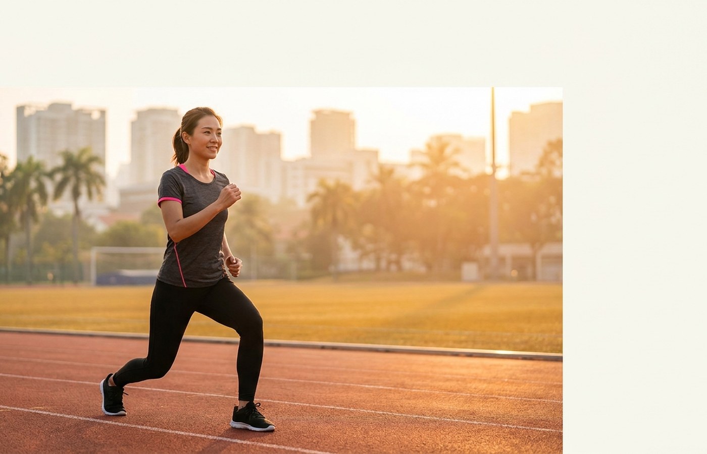 Woman doing a controlled walking lunge on an athletics track