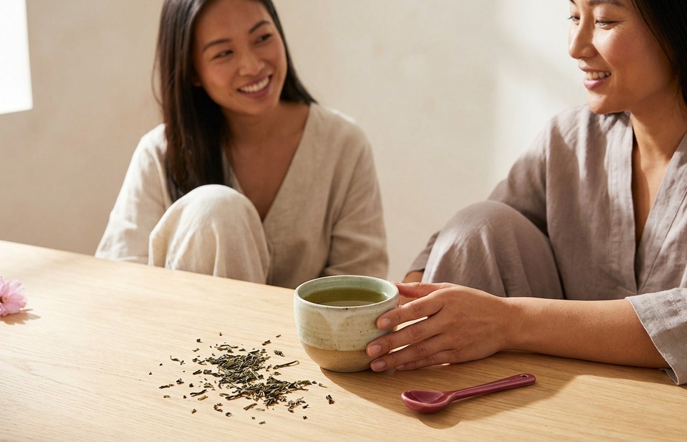 Ceramic cup of green tea with loose tea leaves