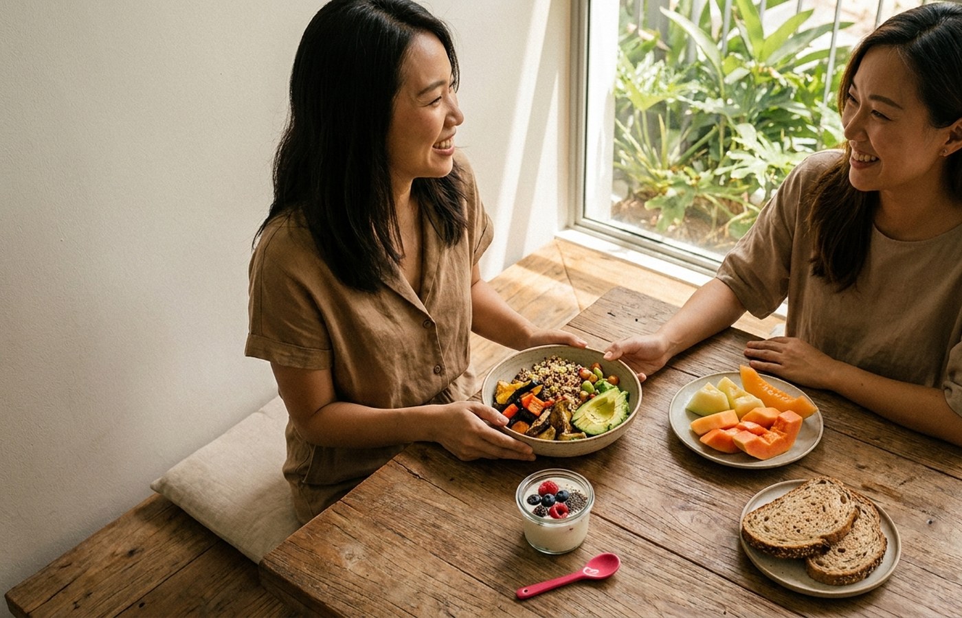 Fibre-rich meal with whole grains, vegetables, yoghurt and fruit