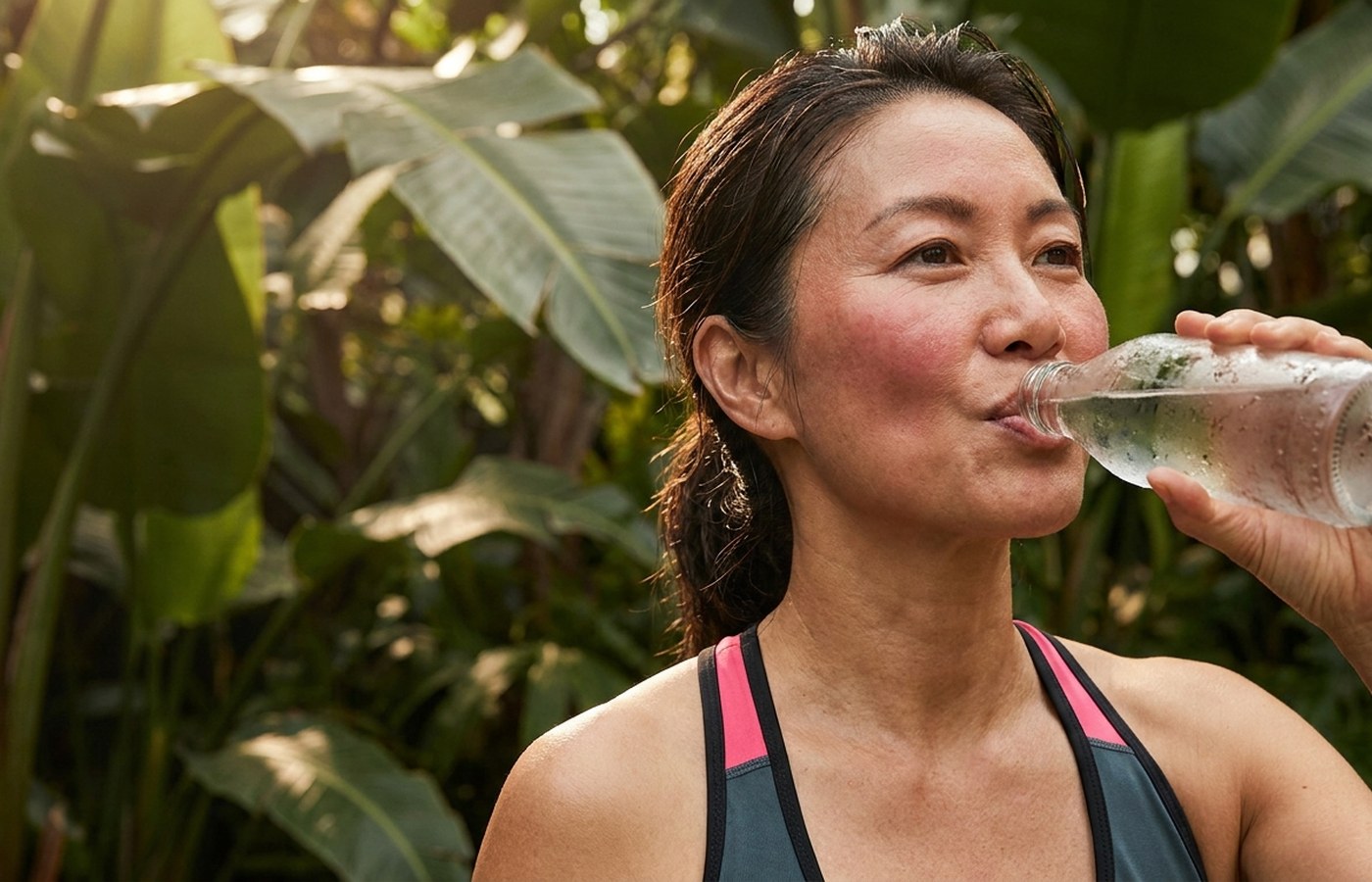 Active woman drinking water after an outdoor walk in tropical weather