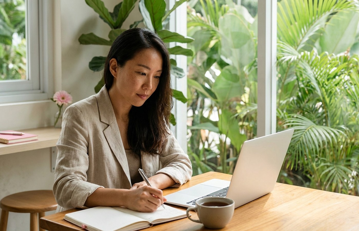 Professional writing a task list in a bright quiet workspace