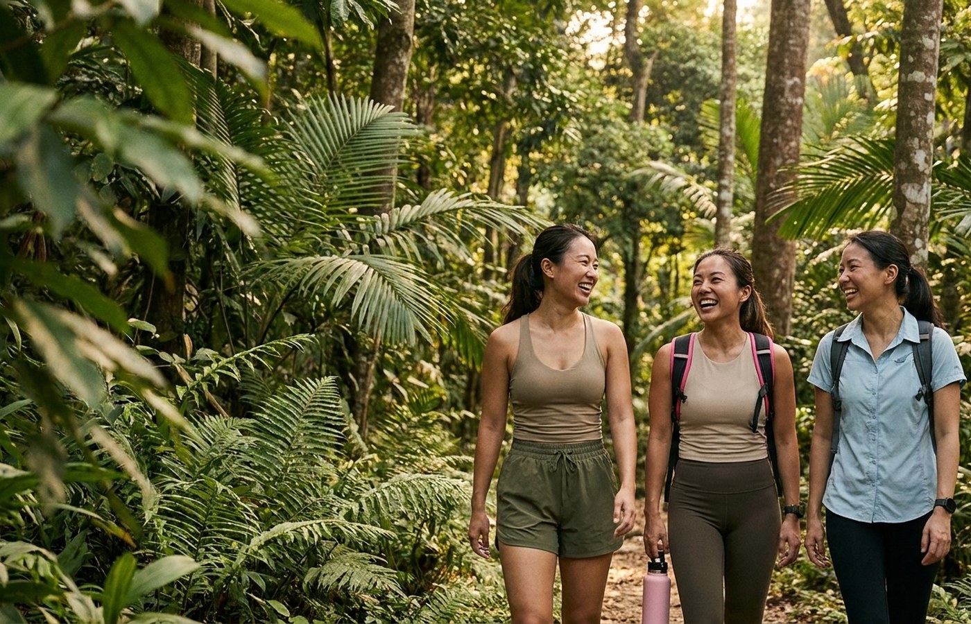 Friends hiking on a lush Singapore nature trail