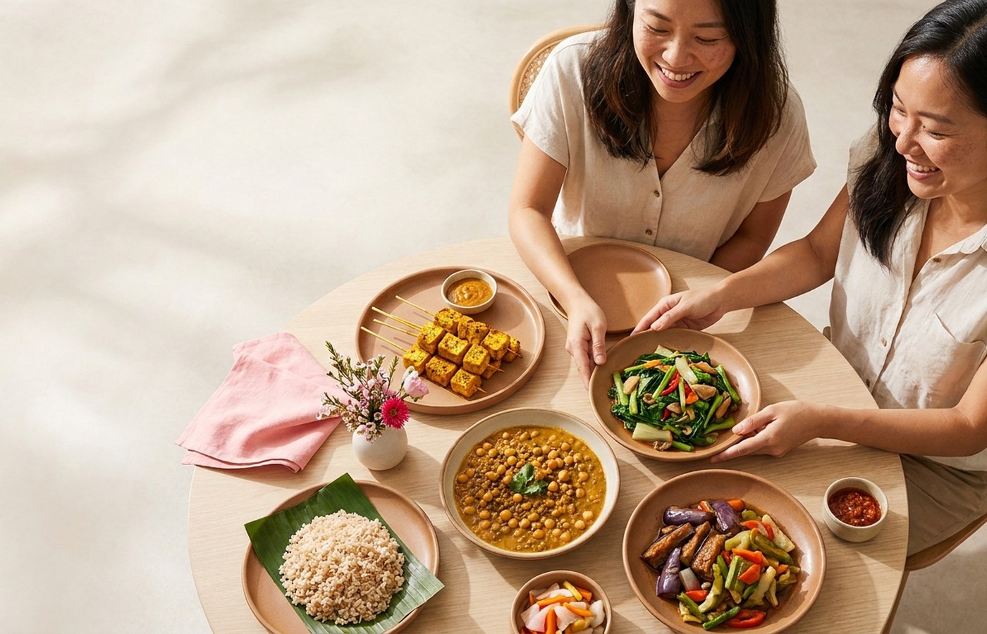 Plant-forward meal with tofu, legumes, rice and vegetables