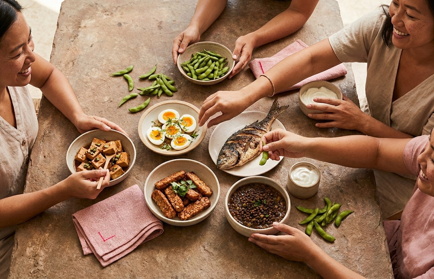 Protein-rich foods including tofu, eggs, fish, lentils and edamame