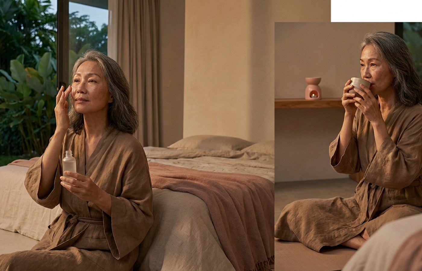 Woman following a calm evening skincare and sleep routine