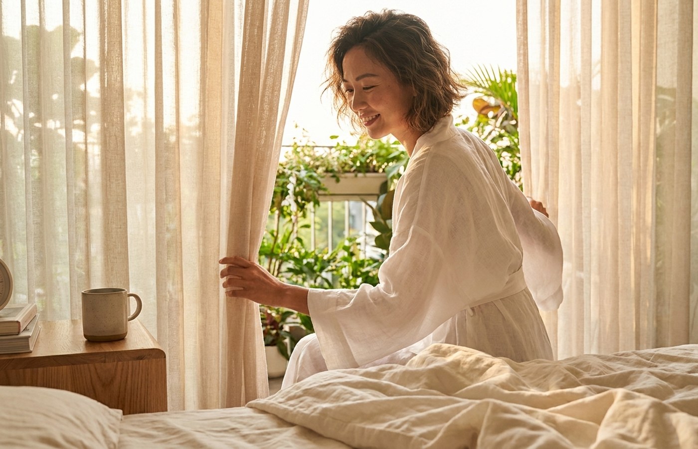 Morning alarm clock beside a bright bed and open curtains