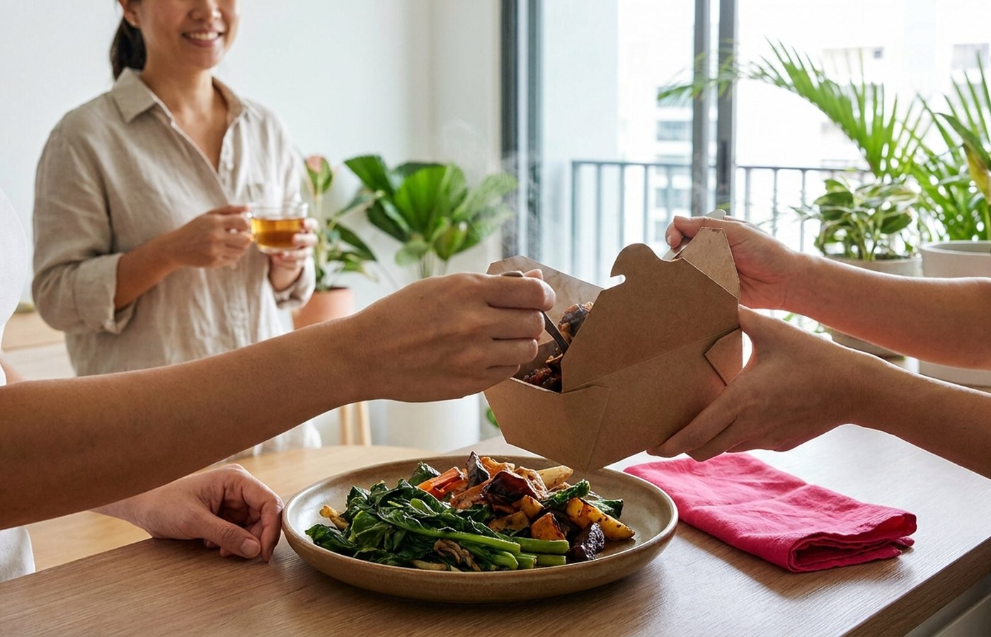Hands transferring takeaway food onto a plate with vegetables