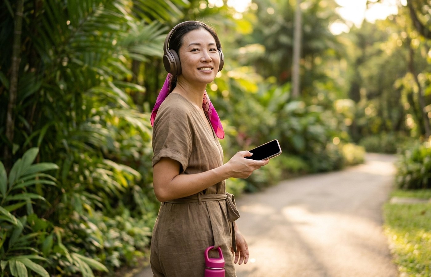 Woman listening to headphones on a relaxed park walk