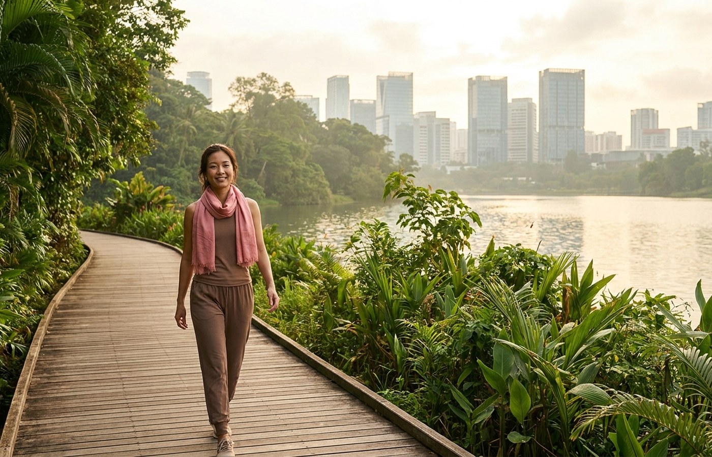 Woman walking on a tropical reservoir boardwalk in Singapore