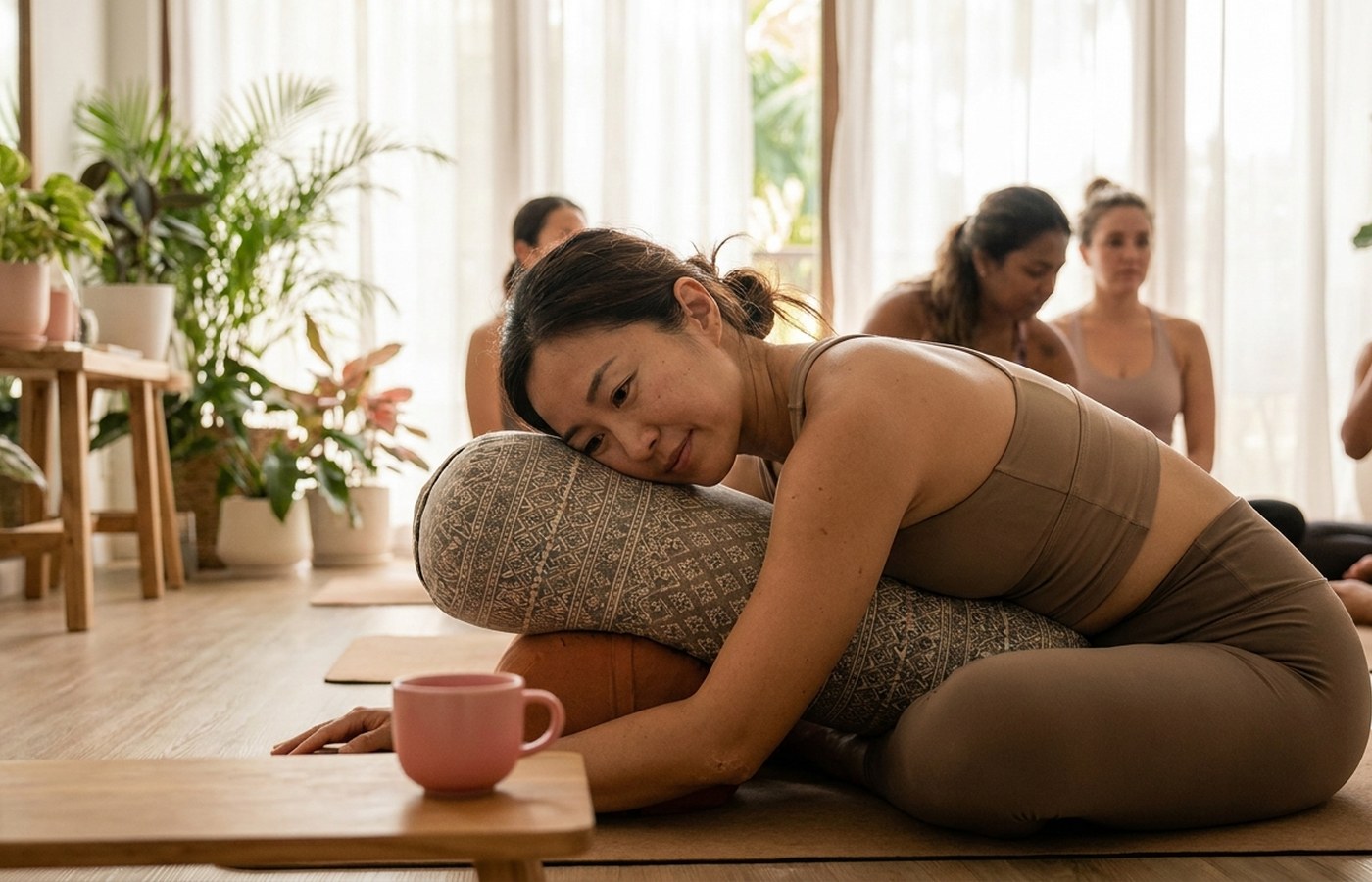 Woman practising a gentle supported yoga pose